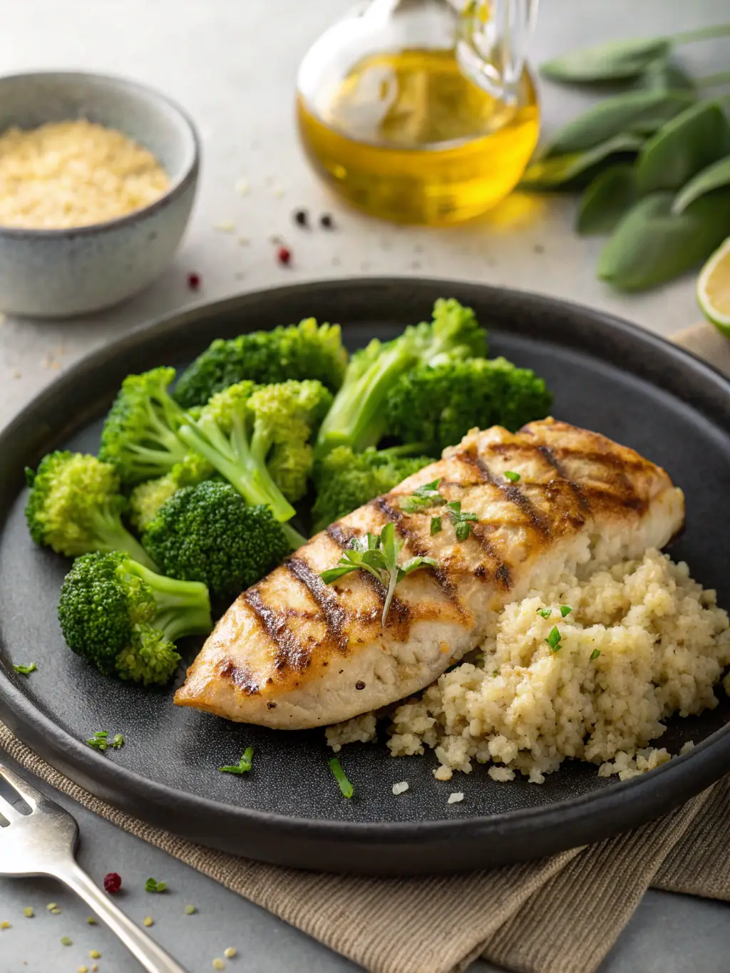A vibrant image showcasing a balanced meal with colorful vegetables, lean protein, and whole grains, emphasizing the nutritional aspect of Harmony Whisperer's coaching.