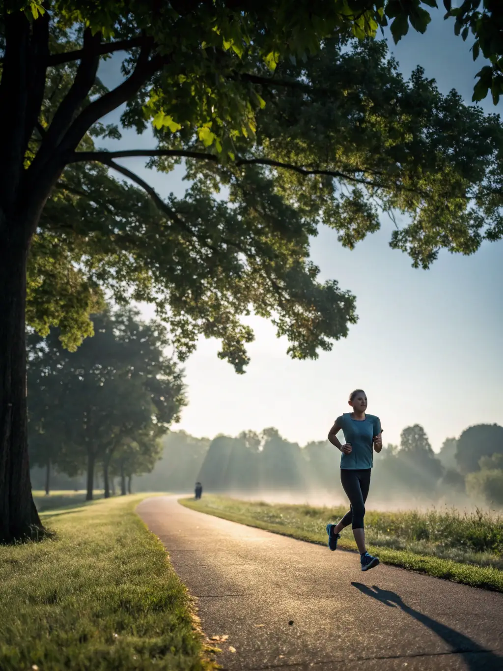 An energetic image of a person enjoying a brisk walk in a park, representing the movement and exercise guidance offered by Harmony Whisperer.